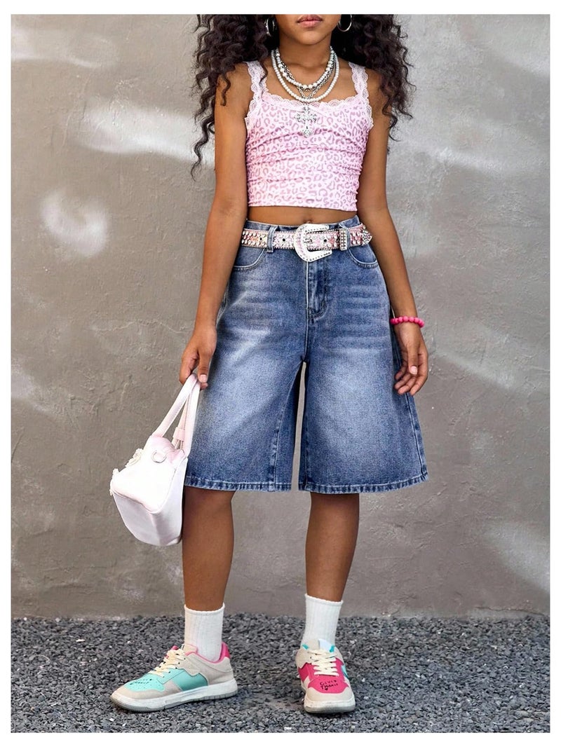 OYOANGLE Girl's Baggy Bermuda Denim Shorts Loose Elastic Waist Wide Leg Jean Shorts Blue 8Y - Image 5