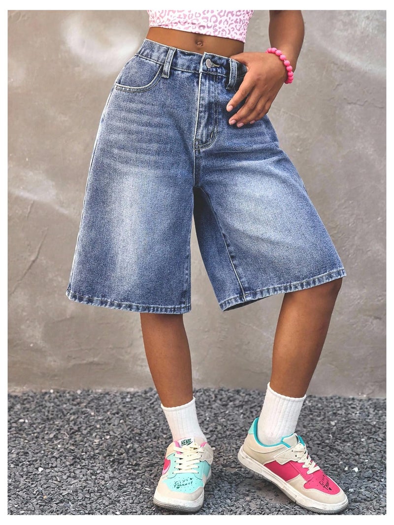 OYOANGLE Girl's Baggy Bermuda Denim Shorts Loose Elastic Waist Wide Leg Jean Shorts Blue 8Y - Image 3