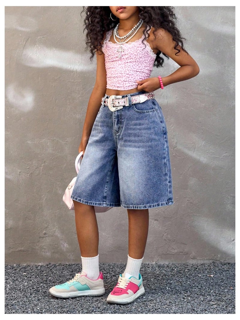 OYOANGLE Girl's Baggy Bermuda Denim Shorts Loose Elastic Waist Wide Leg Jean Shorts Blue 8Y - Image 4