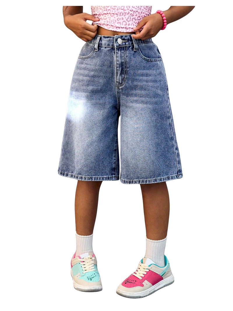 OYOANGLE Girl's Baggy Bermuda Denim Shorts Loose Elastic Waist Wide Leg Jean Shorts Blue 8Y - Image 1