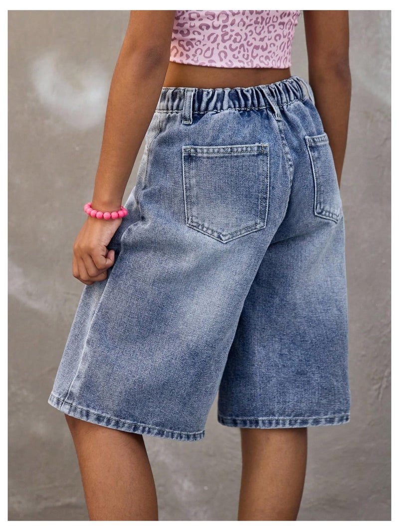 OYOANGLE Girl's Baggy Bermuda Denim Shorts Loose Elastic Waist Wide Leg Jean Shorts Blue 8Y - Image 2