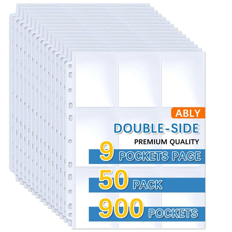 ABLY 900 Pockets Baseball Card Sleeves, ABLY Double Side 9-Pocket Trading Card Binder Sleeves Page Protectors Sheet for Skylanders, Pokemon, Top Trumps for 3 Ring Binder(50 Pages) - Image 1