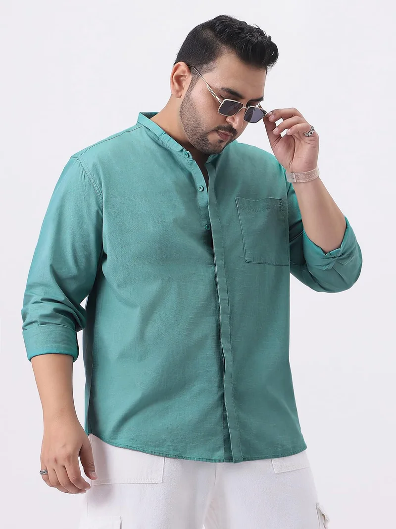Urbano Plus Men's Light Teal Cotton Full Sleeve Regular Fit Casual Solid Shirt with Band Collar