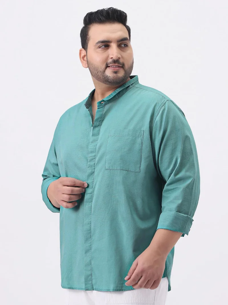 Urbano Fashion  Urbano Plus Men's Light Teal Cotton Full Sleeve Regular Fit Casual Solid Shirt with Band Collar  | Best Price UAE