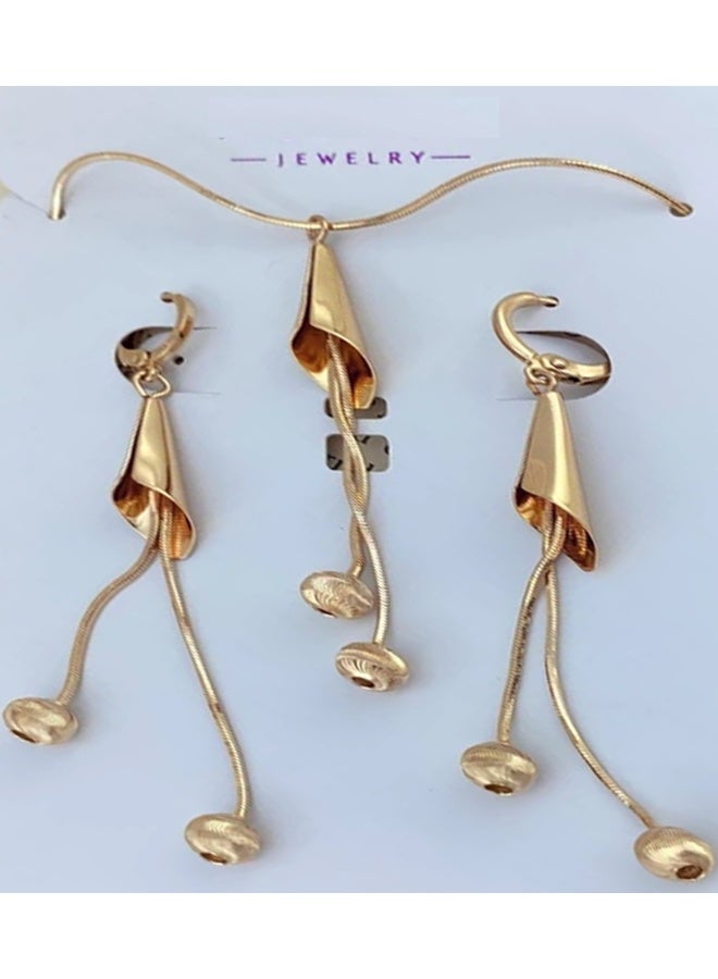 DubaiGallery Elegant Gold-Plated Pendant Necklace & Long Drop Earrings Set for Women  Modern Geometric Jewelry Set – Gold Necklace with Matching Dangle Earrings  Luxury Golden Statement Jewelry Set with Double Ball Pendant & Chain Tassels - Image 2