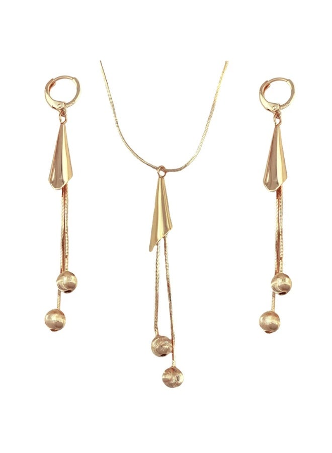 DubaiGallery Elegant Gold-Plated Pendant Necklace & Long Drop Earrings Set for Women  Modern Geometric Jewelry Set – Gold Necklace with Matching Dangle Earrings  Luxury Golden Statement Jewelry Set with Double Ball Pendant & Chain Tassels - Image 1