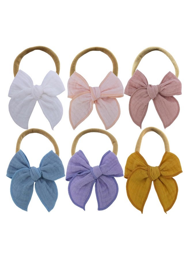 Sugarmelon Original Cotton Gauze Headband for Newborn Toddler Infant Baby Girl Kids Muslin Cotton Hair Bow Headbands Turban Elastic Hair Bands (6 pcs Bow Nylon Headband) - Image 1