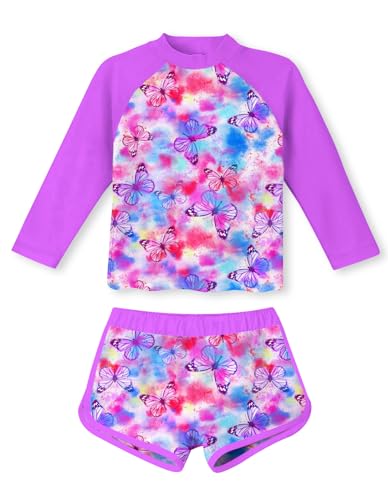 TUONROAD Little Girls Swimsuit Butterflies 2 Piece Tankini UPF 50 UV Protective Rash Guard Set Long Sleeve Bathing Suit UPF50 Beach Swimwear for 4 5 Years Old Girls Dark Pink - Image 1