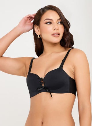 Padded Non Wired Front Lace Up Plunge Bra