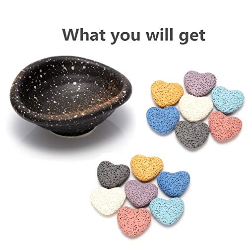Top Plaza Lava Rock Gemstone Aromatherapy Essential Oil Diffuser Set - Oval Shape Ceramic Incense Burner/Ware/Holder/Bowl with 14Pcs Heart Lava Stone Beads - Image 3