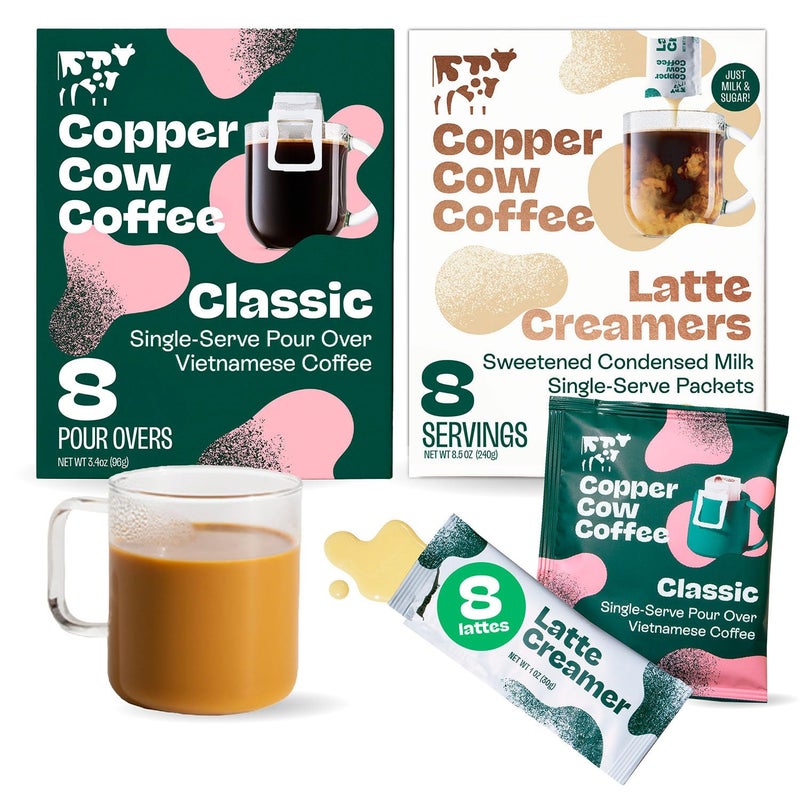 Copper Cow Coffee Pour Over Vietnamese Coffee Pouches + Sweetened Condensed Milk Creamers (8 Coffees & 8 Milk Creamers) | Classic Black Lattes, No Refrigeration Needed, Travel Friendly - Image 1