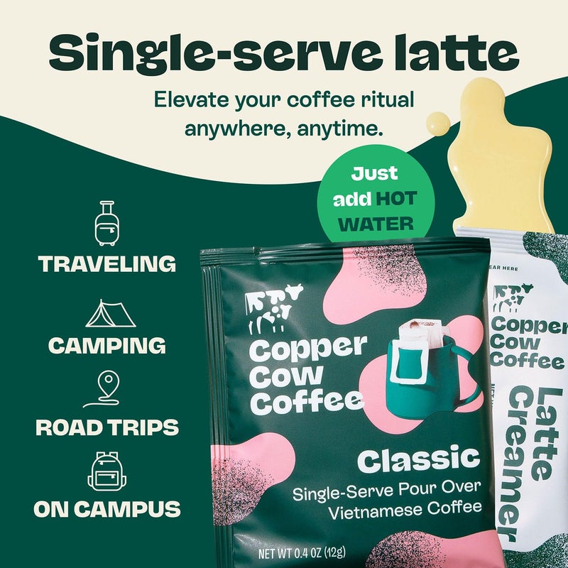 Copper Cow Coffee Pour Over Vietnamese Coffee Pouches + Sweetened Condensed Milk Creamers (8 Coffees & 8 Milk Creamers) | Classic Black Lattes, No Refrigeration Needed, Travel Friendly - Image 4