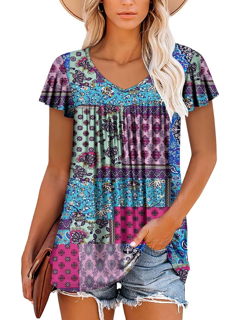 ROSELINLIN Womens Ruffle Short Sleeve Tunic Tops V Neck Loose Fit Flowy Blue Blocks Summer Tops L - Image 2