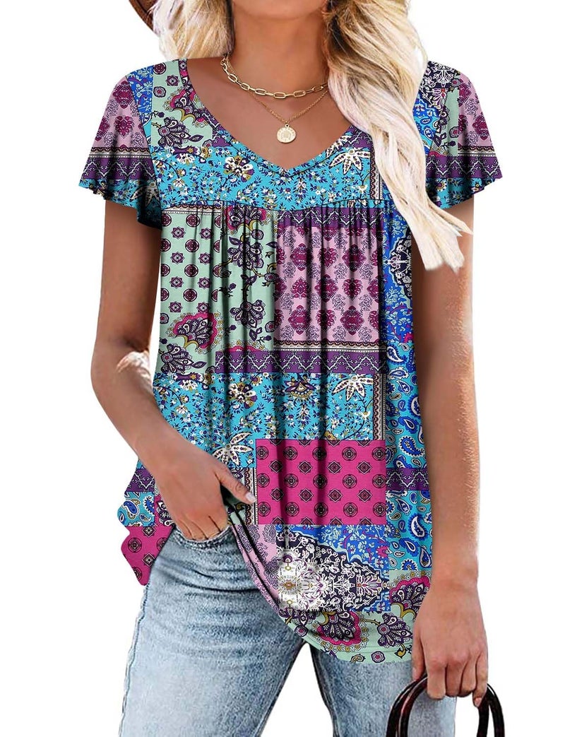 ROSELINLIN Womens Ruffle Short Sleeve Tunic Tops V Neck Loose Fit Flowy Blue Blocks Summer Tops L - Image 1