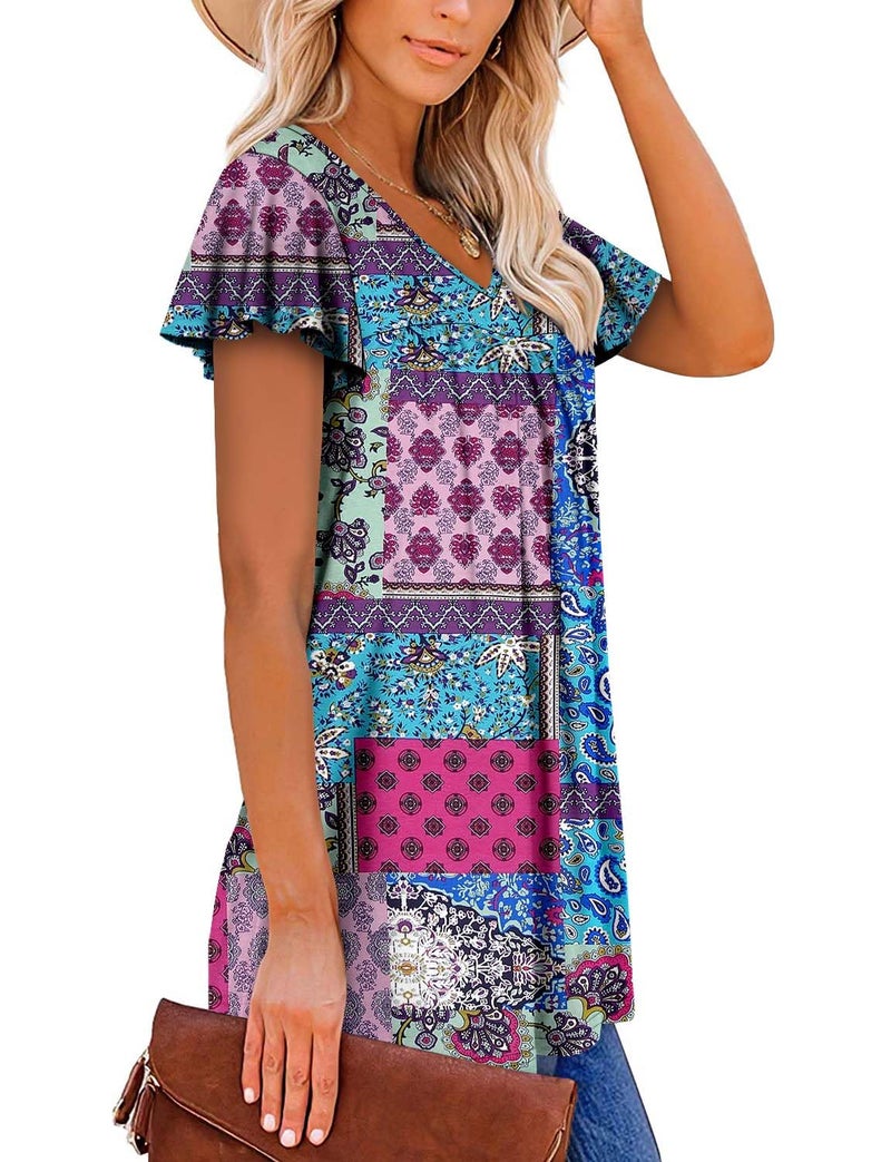 ROSELINLIN Womens Ruffle Short Sleeve Tunic Tops V Neck Loose Fit Flowy Blue Blocks Summer Tops L - Image 3
