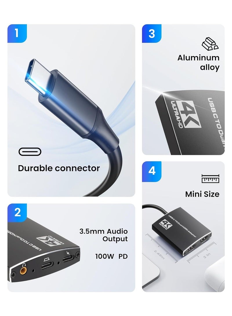 USB C To Dual Hdmi Adapter, 4k@60hz Type C To Hdmi Converter, with 3.5mm Audio Out + Max 100w Pd Charging Port, Support Extend Split Screens, Compatible with Laptops, Phone, Ipad, Pc(1 Pack) - Image 3