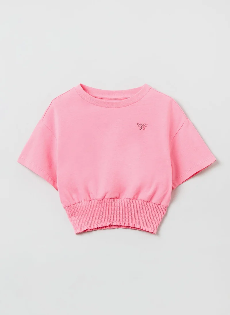 او في اس Cropped T-shirt with diamanté butterfly