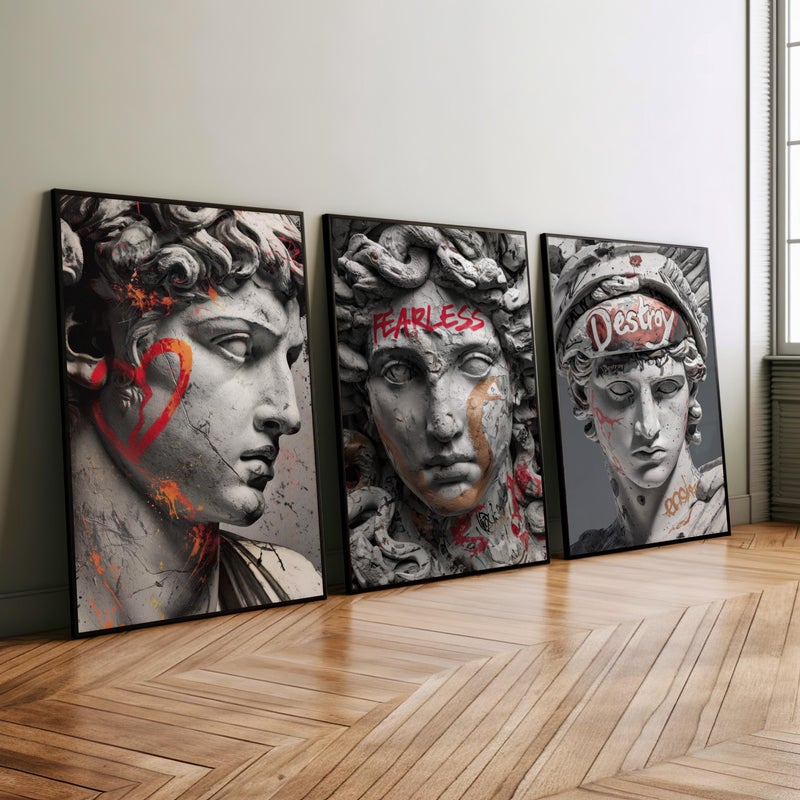 TNESSENTIAL David Medusa and Apollo Statue Portrait Set of 3 Poster or Canvas Print, Michelangelo Style Renaissance Sculpture Graffiti Classical Art - Image 4