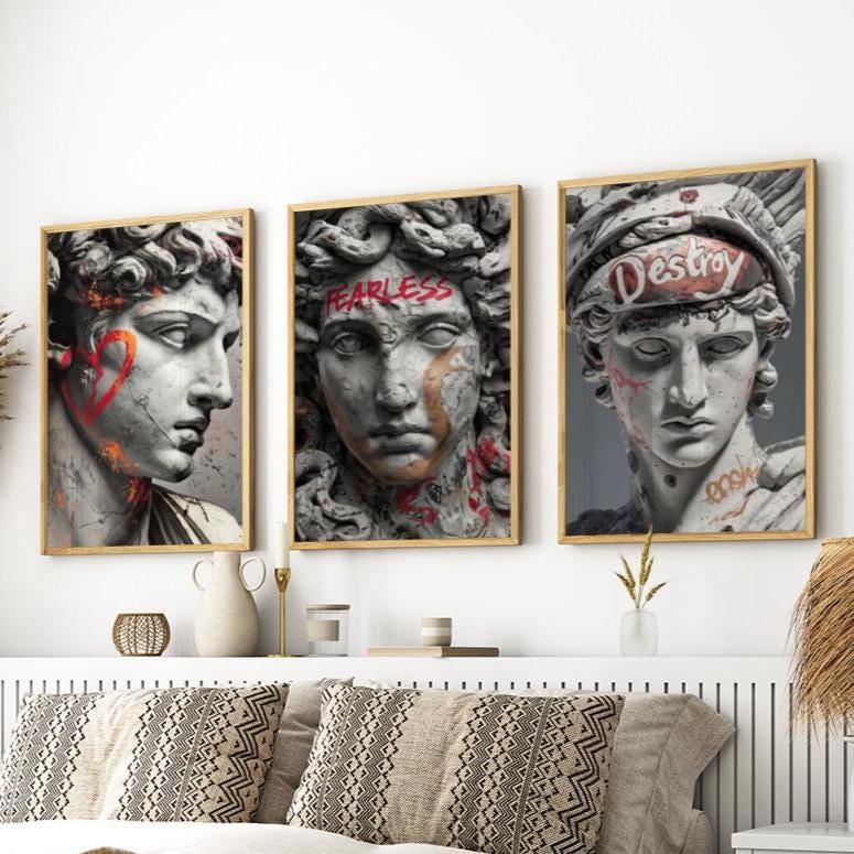 TNESSENTIAL David Medusa and Apollo Statue Portrait Set of 3 Poster or Canvas Print, Michelangelo Style Renaissance Sculpture Graffiti Classical Art - Image 1