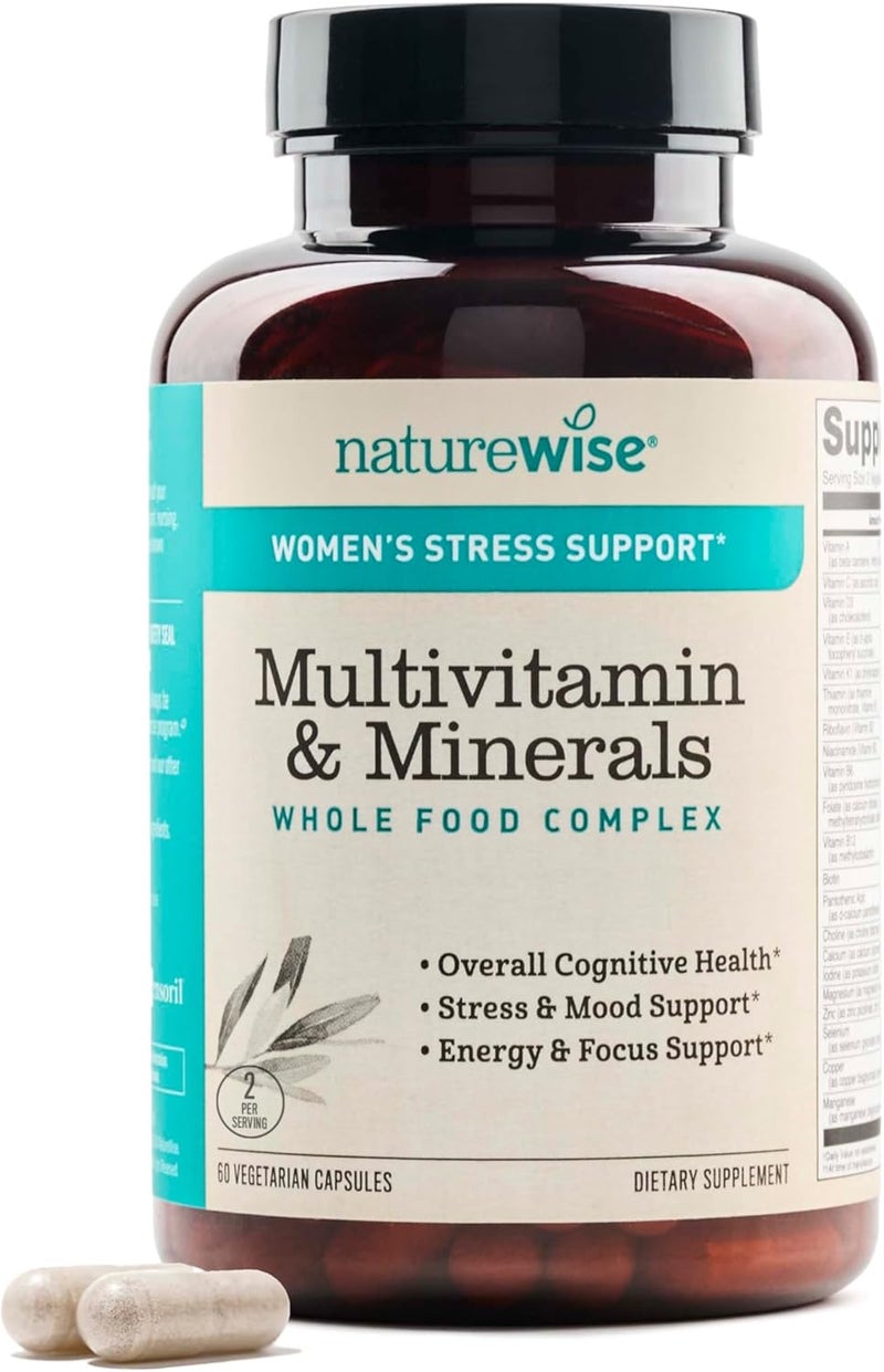 NatureWise Multivitamin for Women  Stress Support with Organic Whole Foods  Natural Minerals  BComplex  Vitamin C  D3 K2 for Immunity Hair Skin  Nails  NonGMO  60 Capsules30Day Supply - Image 1