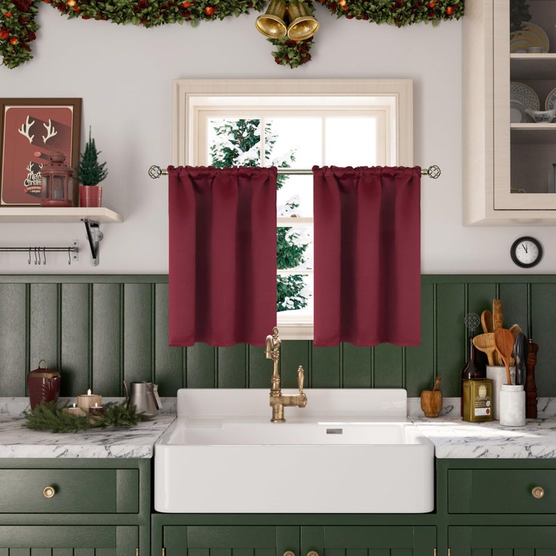 BGment Short Burgundy Curtains 36 Inches Length for Kitchen - Rod Pocket Thermal Insulated Blackout Window Drapes for Basement Bathroom Christmas Decorative  34 x 36 Inch  2 Panels - Image 2