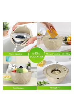 SYOSI 4-1 Colander with Mixing Bowl Set, Kitchen Essentials Strainer Basket Bowl for Kitchen, Food, Pasta And Rice Strainer, Fruit Cleaner, Veggie Wash, Salad Spinner, Apartment & Home Essentials - Beige  - Image 2