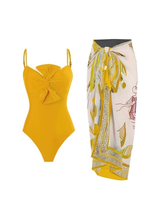 Loquat Langqi 2024 European And American Women's Swimsuit Solid Color One-piece Bow Conservative Swimsuit For Women-Color:Yellow Suit- - Image 1