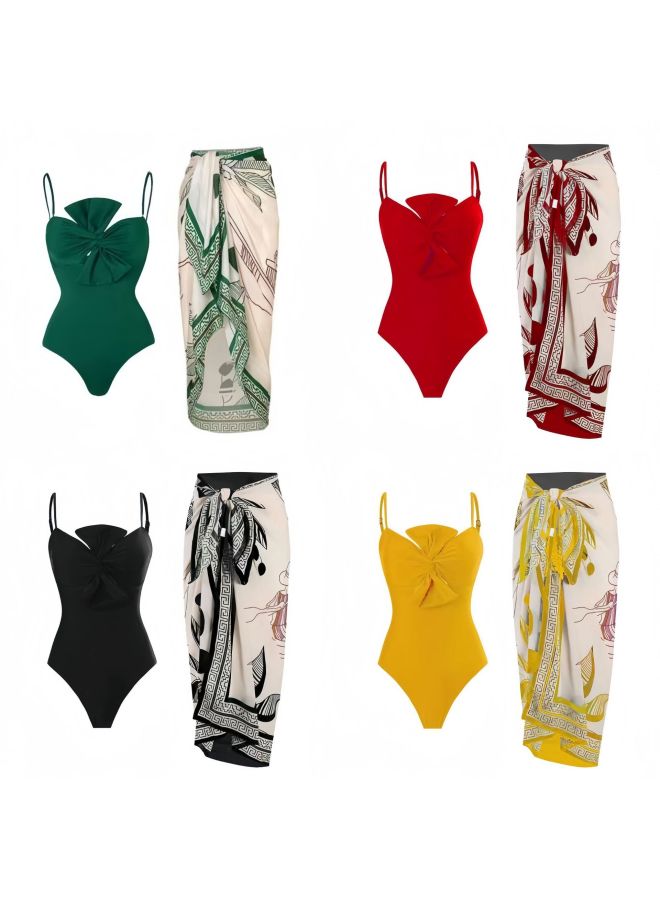 Loquat Langqi 2024 European And American Women's Swimsuit Solid Color One-piece Bow Conservative Swimsuit For Women-Color:Yellow Suit- - Image 2