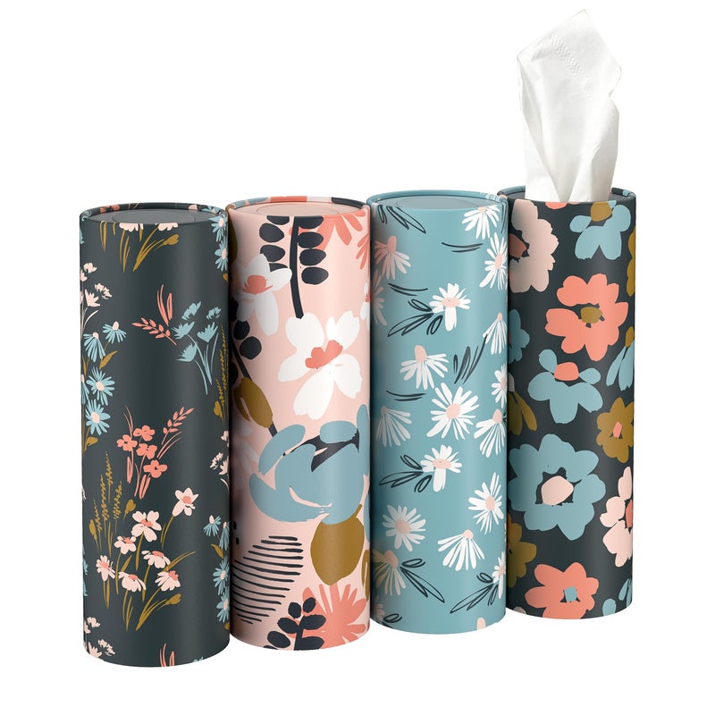 UBTKEY 4 Pack Car  Home Tissue Holder with 3ply Facial Tissues Cylinder Round Container for Office Bathroom Floral Pattern