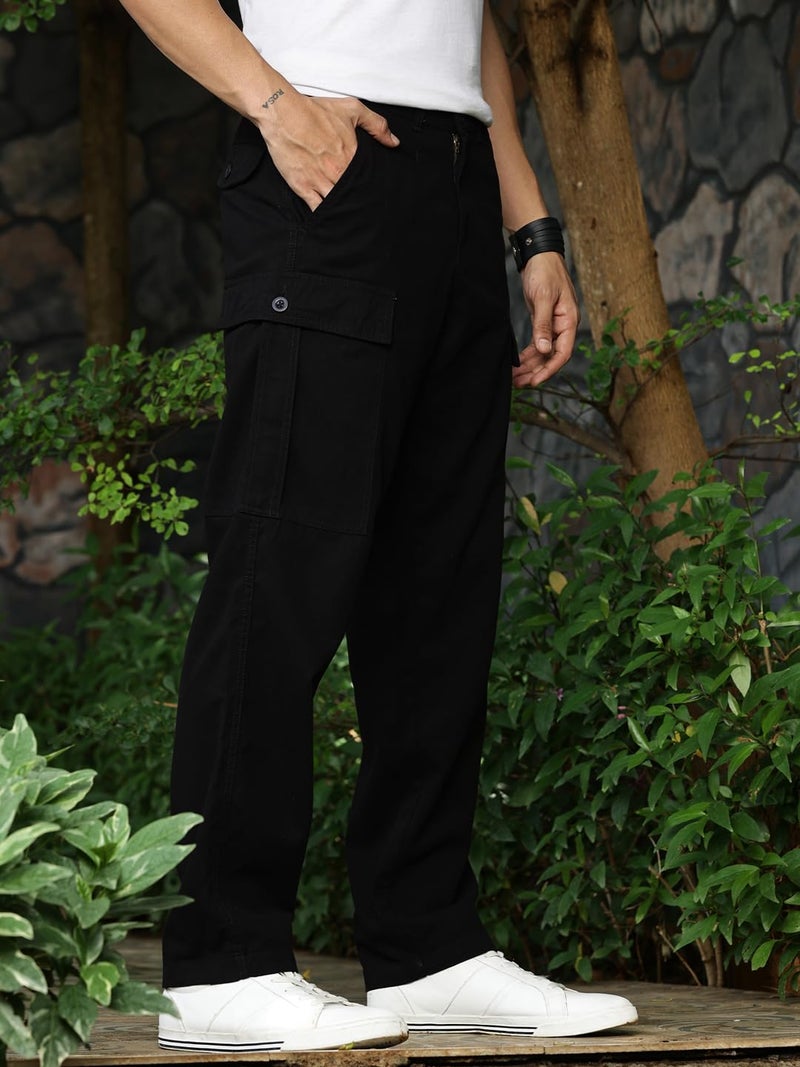 Thomas Scott Men's | Straight Fit | Mid-Rise | 100% Cotton | Solid | Button Closure | 7 Pockets | Woven | Cargo | Trouser (TSB030_Black_38) - Image 3