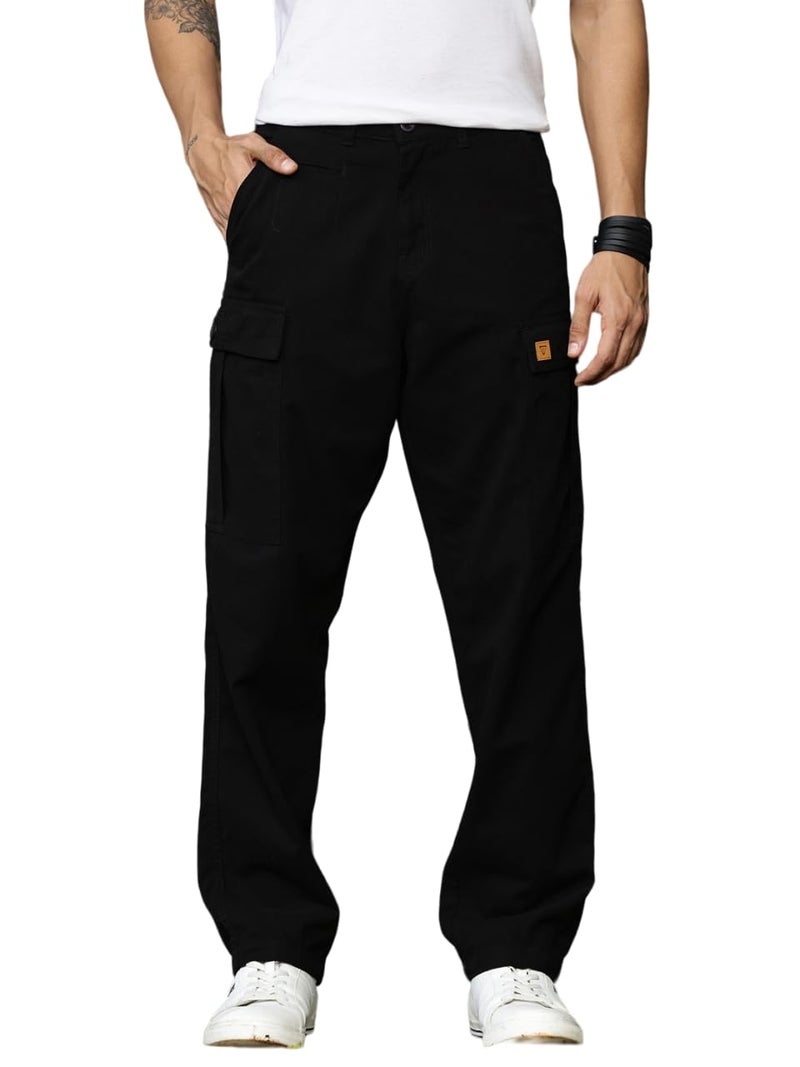 Thomas Scott Men's | Straight Fit | Mid-Rise | 100% Cotton | Solid | Button Closure | 7 Pockets | Woven | Cargo | Trouser (TSB030_Black_38) - Image 1