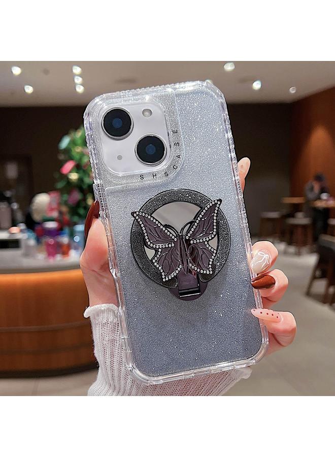 اس-توب جراب لهاتف iPhone 15 Plus مع حامل فراشة ومرآة وغطاء هاتف MagSafe لامع - Image 1