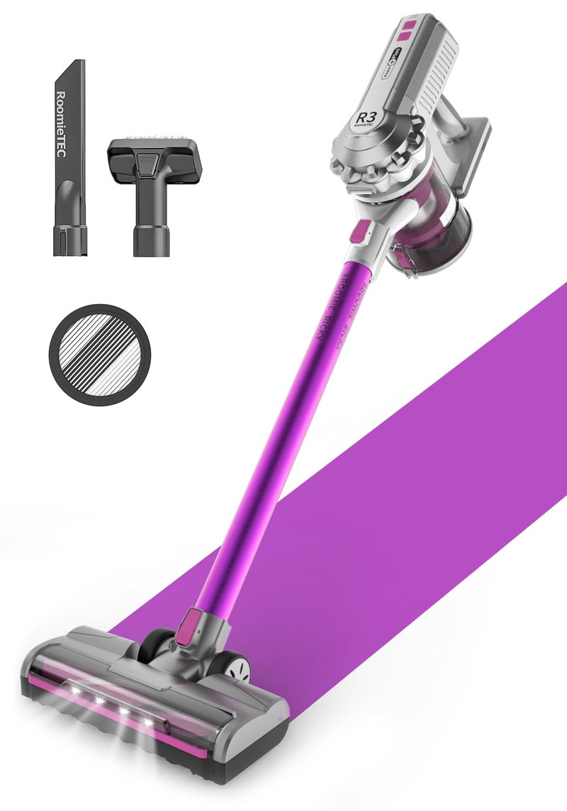 Roomie Tec مكنسة كهربائية لاسلكية ROOMIE TEC R3 بقوة شفط ثابتة للأرضيات والسجاد تصل إلى 43 دقيقة بطارية قوية بدون كيس سعة كبيرة أسطوانة عريضة للغاية مصابيح LED وفلاتر HEPA