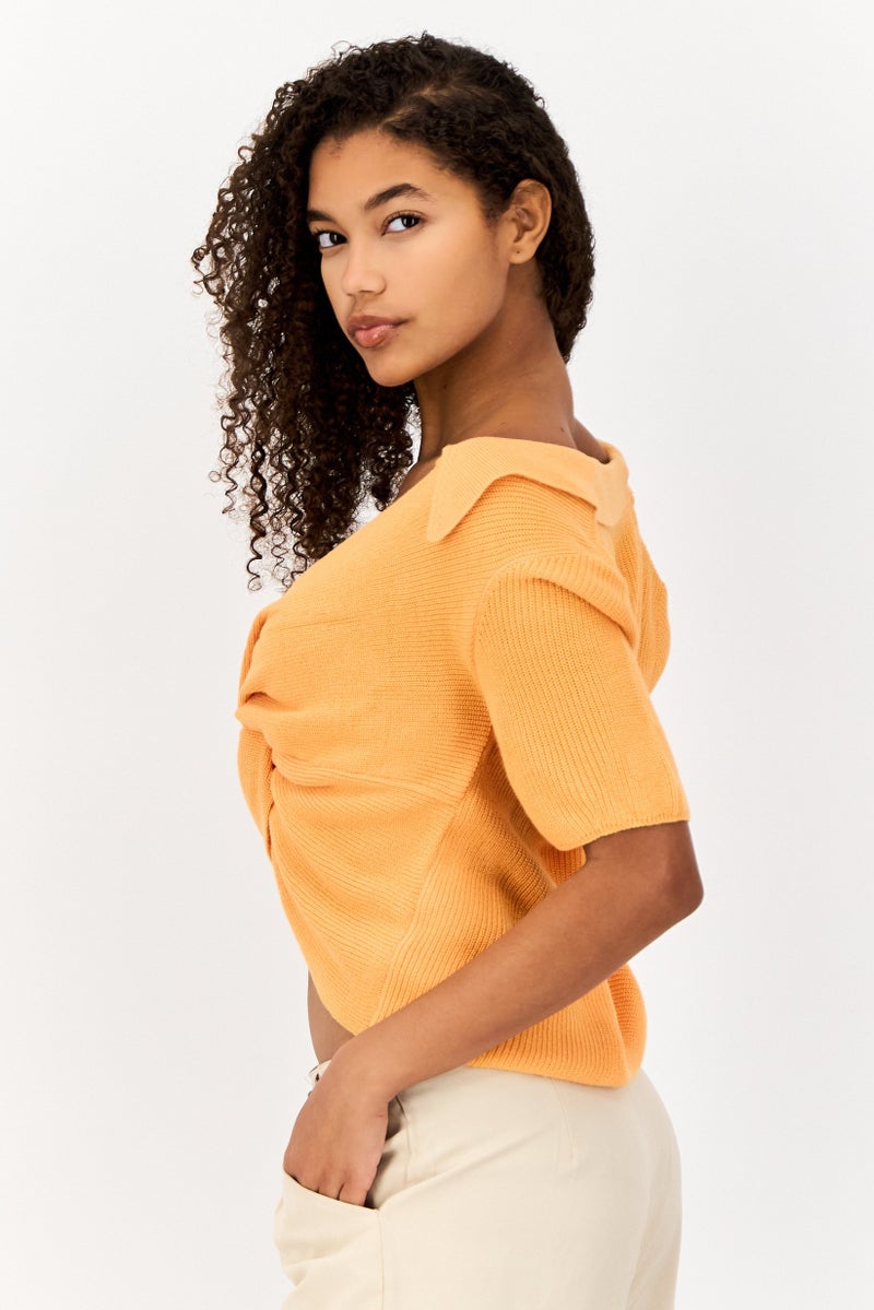 Asos Design Women V-Neck Short Sleeve Textured Top, Orange - Image 4