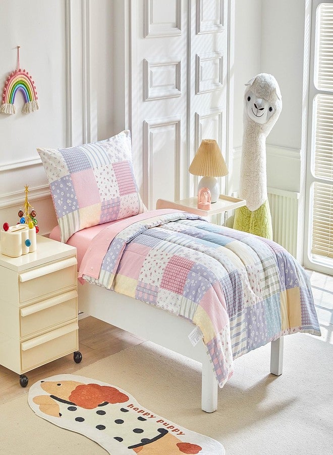 Joyreap 4 Piece Cotton Toddler Bedding Set- Colorful Flowers Patchwork Design, Toddler Comforter Set for Girls, Includes Quilted Comforter, Fitted Sheet, Top Sheet, and Pillow Case - Image 2