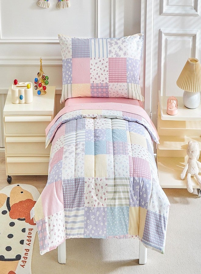 Joyreap 4 Piece Cotton Toddler Bedding Set- Colorful Flowers Patchwork Design, Toddler Comforter Set for Girls, Includes Quilted Comforter, Fitted Sheet, Top Sheet, and Pillow Case - Image 3