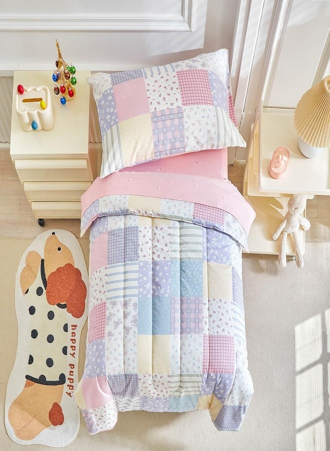 Joyreap 4 Piece Cotton Toddler Bedding Set- Colorful Flowers Patchwork Design, Toddler Comforter Set for Girls, Includes Quilted Comforter, Fitted Sheet, Top Sheet, and Pillow Case - Image 1