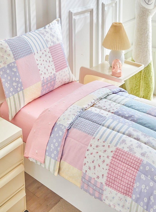 Joyreap 4 Piece Cotton Toddler Bedding Set- Colorful Flowers Patchwork Design, Toddler Comforter Set for Girls, Includes Quilted Comforter, Fitted Sheet, Top Sheet, and Pillow Case - Image 4