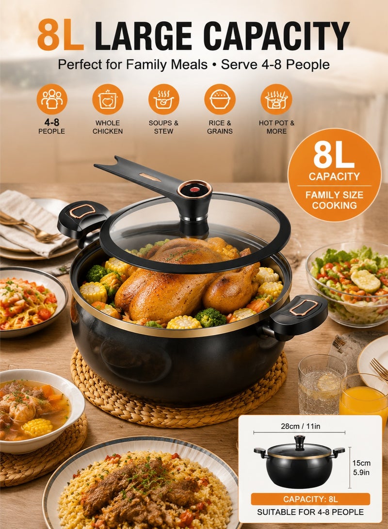 MYONE 8L Micro Pressure Cooking Pot with Glass Lid, Nonstick Ceramic Coated Stock Pot, Twist Lock Lid Soup Stew Braising Pot, Induction & Gas Compatible Large Capacity Family Cooker - Image 2
