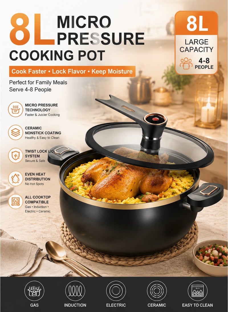 MYONE 8L Micro Pressure Cooking Pot with Glass Lid, Nonstick Ceramic Coated Stock Pot, Twist Lock Lid Soup Stew Braising Pot, Induction & Gas Compatible Large Capacity Family Cooker - Image 1