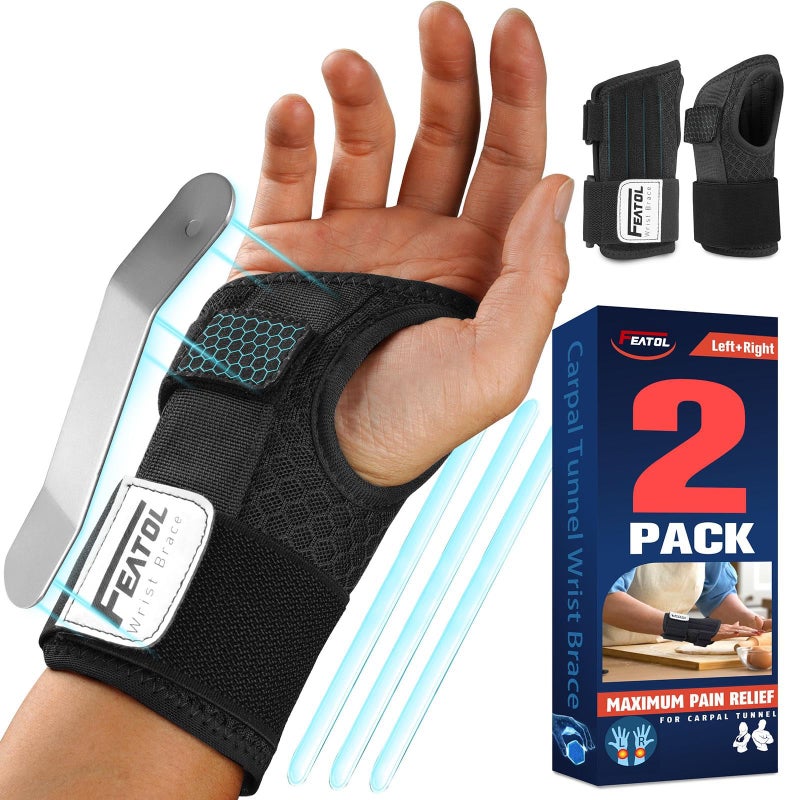FEATOL 2 Pack Carpal Tunnel Wrist Brace For Work With Wrist Splint 65 Hand Brace Night Support For Women Men Pain Relief For Tendonitis Arthritis Pregnancy Typing Right and Left Hand Small