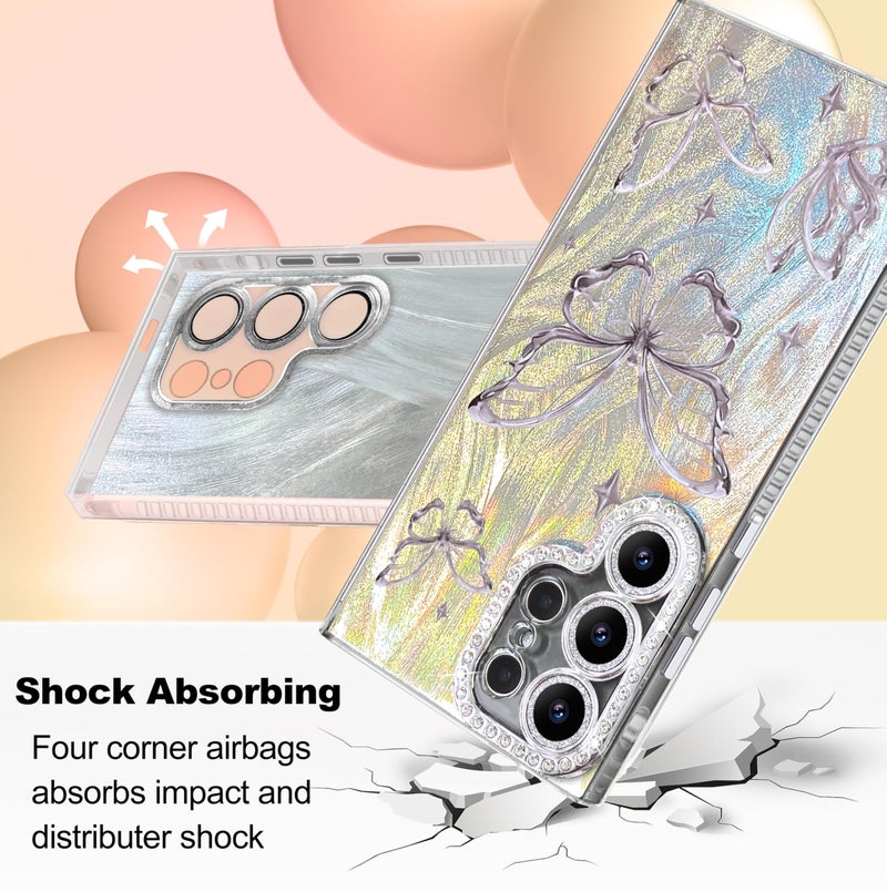 I-MGAE-IN-AR Compact Case for Samsung Galaxy S25 Ultra Butterfly Design,Diamond Camera Lens Protection Frame,Cute Soft Slim TPU Shockproof Protective Phone Cases Cover for Women Silver Aesthetic - Image 3