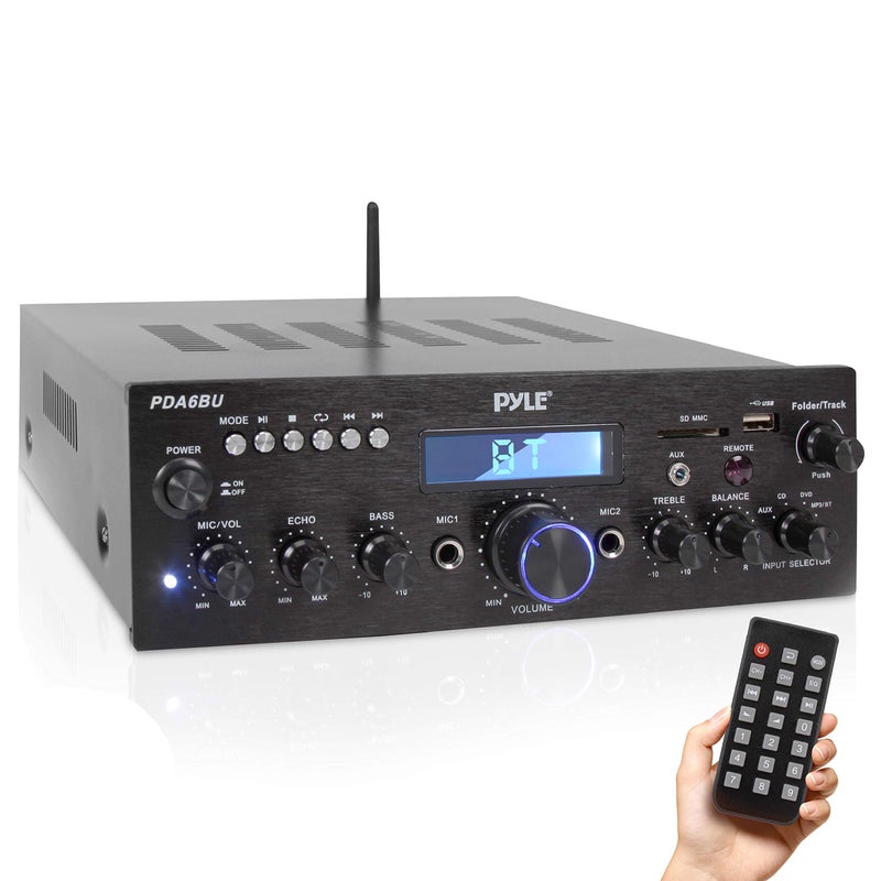 Pyle Wireless Bluetooth Power Amplifier System- 200W Dual Channel Sound Audio Stereo Receiver w/ USB, SD, AUX, MIC IN w/ Echo, Radio, LCD, For Home Theater Entertainment via RCA, Studio Use- PDA6BU.5 - Image 1