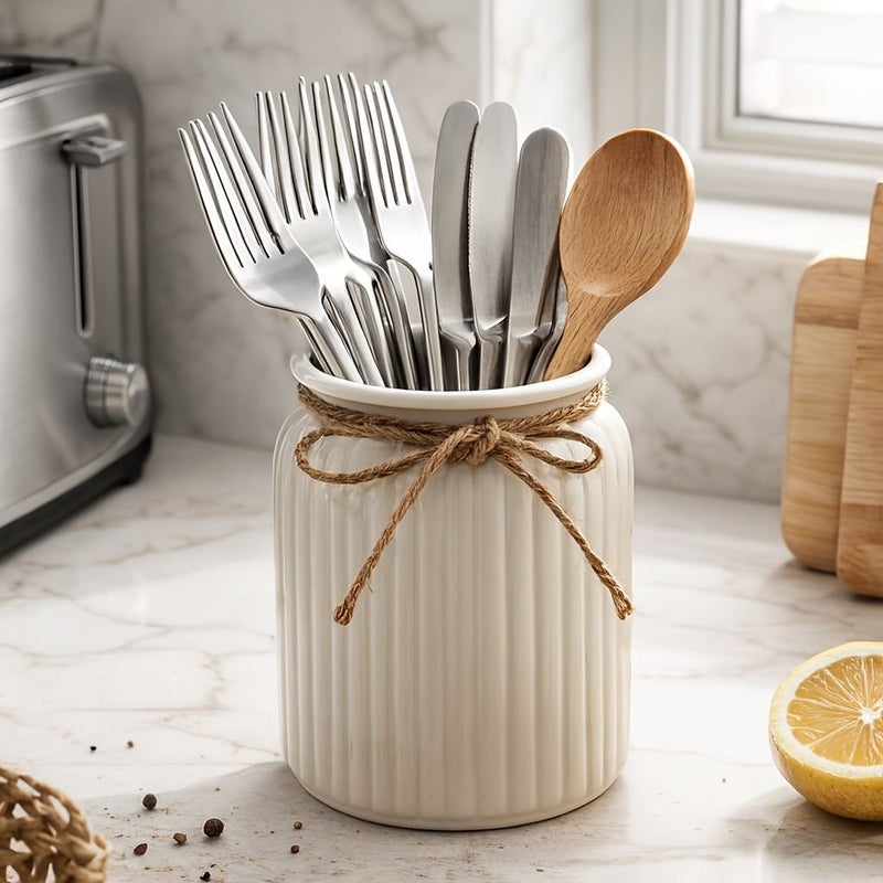 Ceramic Utensil Holder For Kitchen Counter 4 Size Options Medium Multi Purpose Storage Jar For Chopsticks Spoons And Cooking Tools Stable Anti Tip Design Also Use As Vase Warm Home Decor Style - Image 2