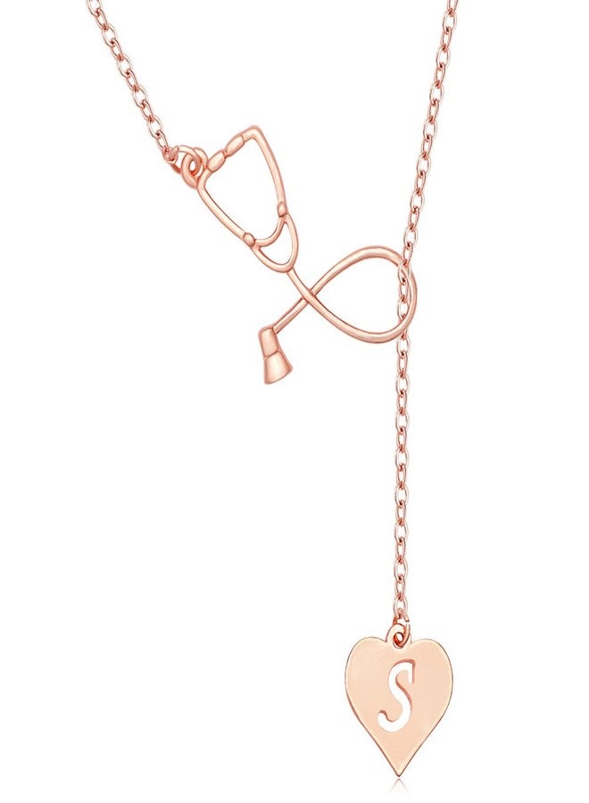 MANZHEN Rose Gold Plated Medicine Stethoscope Heart Initial Alphabet Letter Necklace for Doctor Nurse (S) - Image 1