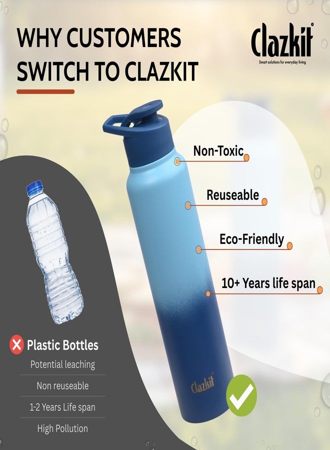 Clazkit زجاجة مياه كلازكيت ثنائية اللون من الفولاذ المقاوم للصدأ | معتمدة من هيئة المواصفات والمقاييس الهندية (ISI)، مانعة للتسرب، متينة، مناسبة لأطفال المدارس، الثلاجة، الرياضة، النادي الرياضي، اليوغا، والمكتب - سهلة التنظيف وقابلة لإعادة الاستخدام - 1000 مل - أزرق - Image 5