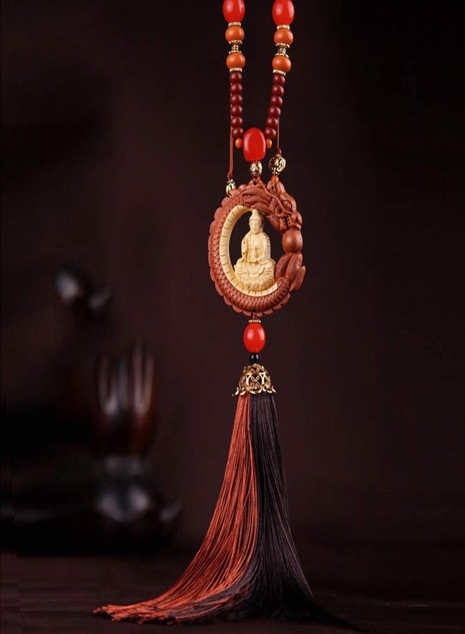 FengShuiGe Boxwood Inlay Dragon Spit Bead Buddha Statue Lucky Interiors Car Pendant Decoration (Sitting Lotus Guanyi) - Image 1