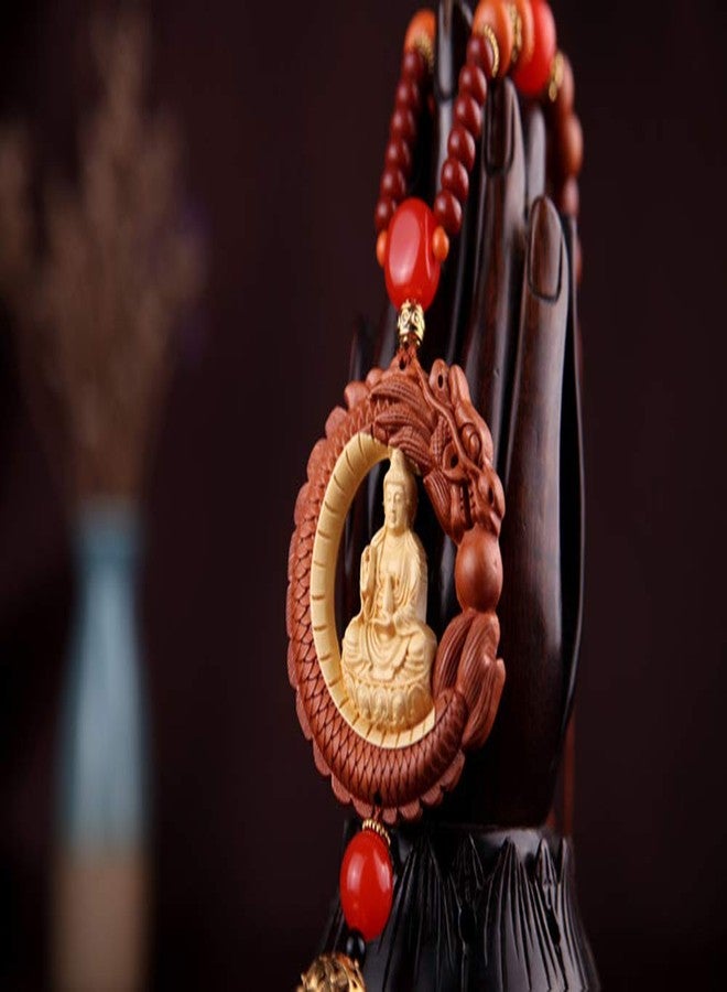 FengShuiGe Boxwood Inlay Dragon Spit Bead Buddha Statue Lucky Interiors Car Pendant Decoration (Sitting Lotus Guanyi) - Image 4
