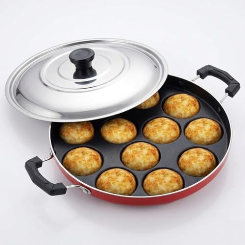 Vipron Appam Maker Non Stick Appam Patra, Appe Pan, Paniyaram Pan 12 Cavity with Stainless Steel Lid and Silicon Brush - Image 1