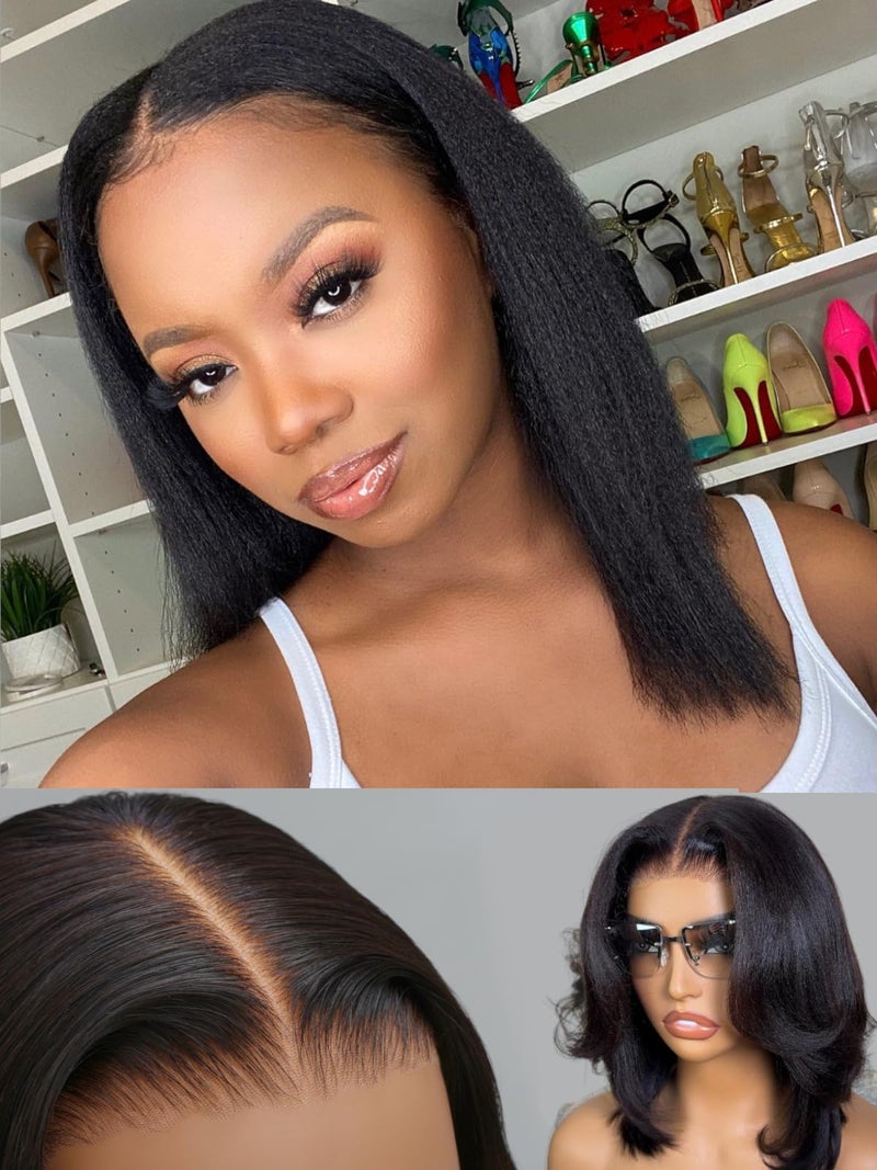 UNICE Yaki Straight Bob Human Hair Drawstring Wig Bye Bye Knots Glueless 7x5 Lace Front Wigs Human Hair Pre Plucked Pre Cut Bleached Knots Pre Everything Put On and Go Wig 12 inch